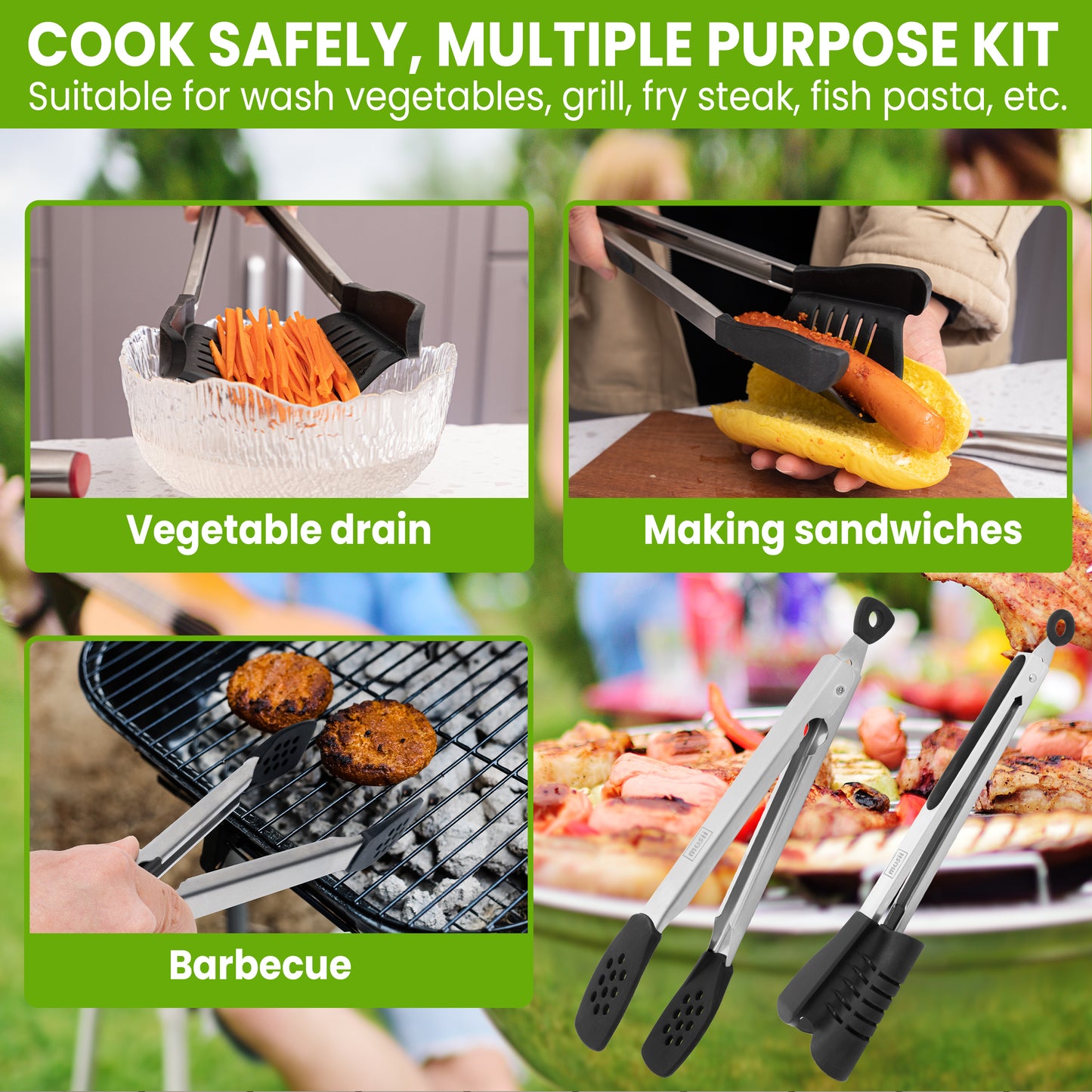 12 inches Set of Cooking Tongs and BBQ Tongs High Quality Stainless Steel with BPA Free Silicon Tip